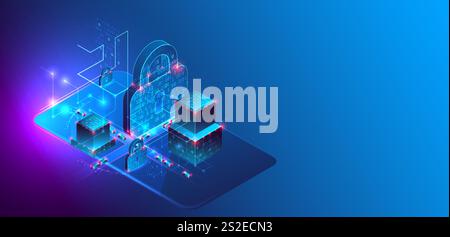 Data protection. Isometric image of a smartphone with a picture of a lock and various technological elements. Stock Vector