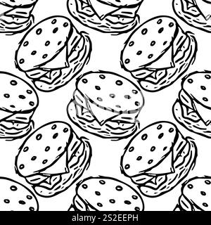 Seamless burger pattern. Drawn hamburger background. Doodle hand drawn ...