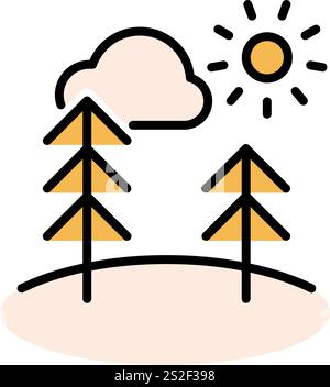 Landscape line icon with pine trees sun and cloud. Outline vector sign, linear style pictogram. Nature symbol, logo illustration. Editable stroke Stock Vector