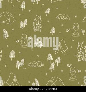 Seamless vector pattern with camping and outdoor doodle elements. Camping seamless pattern design. Vector illustration Stock Vector