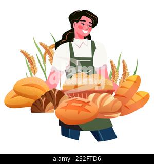 Baker with assorted bread smiling holding basket wheat background colorful design bakery theme Stock Vector