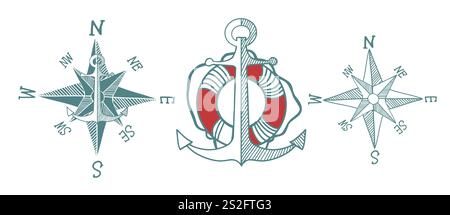 Set of marine symbols wind rose and anchor. Not AI, Vector illustration Stock Vector