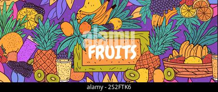 Colorful fruits pattern tropical theme vibrant design. Includes pineapples bananas oranges berries and kiwi with palm leaves on a purple background Stock Vector