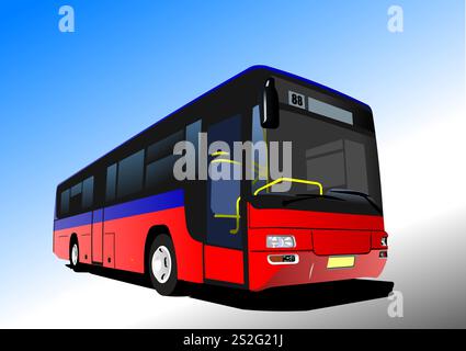 Red-blue  City bus on the road. Coach. Vector 3d illustration Stock Vector