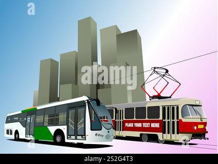 City car, tram and bus city on town background. Vector 3d illustration Stock Vector
