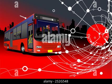 Abstract city panorama with stripes and dots and bus image. 3d Vector illustration Stock Vector