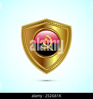 Rounded flag of Angola with glossy gold shield Stock Vector