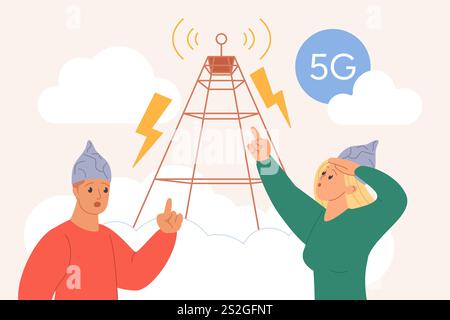 Conspiracy theory, electromagnetic shield, fake news and mind control problem. Tiny people wearing tinfoil hats for protection from 5G radiation of telecom antenna cartoon vector illustration Stock Vector