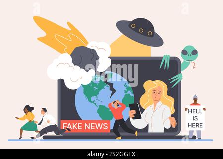 Fake news, online misinformation, stop chaos of disinformation in social media. Tiny people running away in panic, false facts about alien invasion and UFO on laptop screen cartoon vector illustration Stock Vector