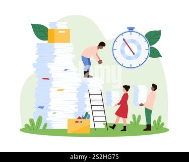Individuals manage paperwork and deadlines using a large clock and stacks of documents. Scene includes workers handing papers and organizing files, focusing on productivity vector illustration Stock Vector
