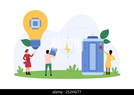 Workers explore innovative energy solutions with a large lightbulb, battery, and circuit. Adjusts controls, focusing on advanced energy technology vector illustration Stock Vector
