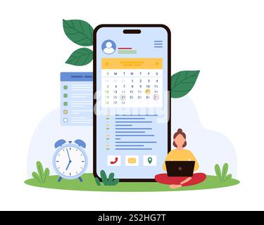 Individual plans and schedules activities using a large mobile device displaying a calendar. Alarm clock and additional planners, emphasizing organized time management vector illustration Stock Vector