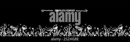 Fantasy mushrooms seamless border. Line art funny floral elements, butterfly. Mushroom sketch wallpaper in 1960s,1970s style in white outline stroke Stock Vector