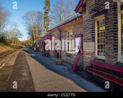 Haworth Station platform  seen against a blue sky on a sunny winter day. West Yorkshire, UK Stock Photo