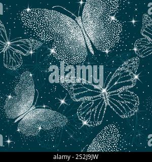 Butterflies from dots snowy. Christmas seamless background with snow stars butterflies. Creative art, modern abstract concept, hand drawing, hand Stock Vector