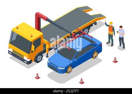 Isometric vector scene of a tow truck lifting a blue car. Workers and cones emphasize road safety during vehicle recovery operations. Tow truck Stock Vector