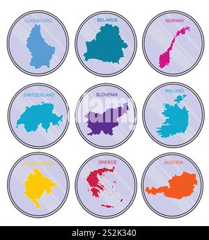 Countries of the world on  coins. Set. Earth map derived from:http://www.lib.utexas.edu/maps/world maps/world physical 2011 nov.pdf, and has been tran Stock Vector