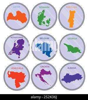 Countries of the world on coins. Set. Earth map derived from: http://www.lib.utexas.edu/maps/world maps/world physical 2011 nov.pdf, and has been tran Stock Vector