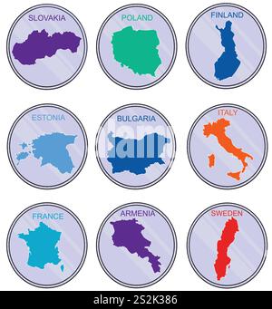 Countries of the world on coins. Set. Earth map derived from: http://www.lib.utexas.edu/maps/world maps/world physical 2011 nov.pdf, and has been tran Stock Vector