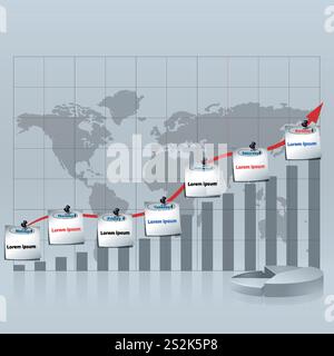 Strategic map with notes week. Business growing graph with red up arrow and weekly notes on world map background. Stock Vector
