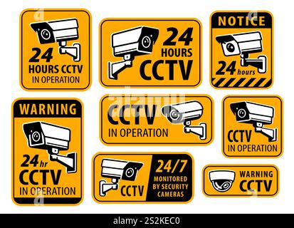 Video surveillance signs. Security protection system. Set of yellow stickers, cctv in operation Stock Vector