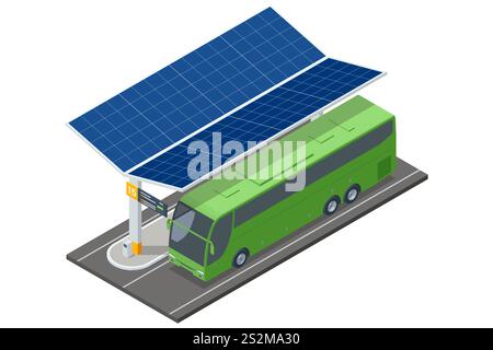 Isometric vector illustration of a modern bus charging station with solar panels and a green long-distance bus parked. Concept of sustainable Stock Vector