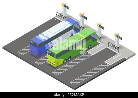 Isometric vector of two intercity buses parked at a modern bus station with designated lanes and timetable signs. Concept of organized and efficient Stock Vector