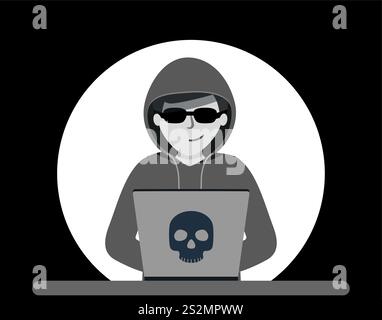 Hacker attack. man in a black hoodie is sitting at a laptop. cyber thief. Stock Vector