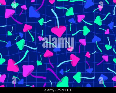 Seamless pattern with mushrooms on a wavy grid. Background with mushrooms and curved grid in retro psychedelic style. Design for banners, posters, wal Stock Vector