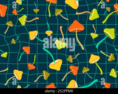 Seamless pattern with mushrooms on a wavy grid. Background with mushrooms and curved grid in retro psychedelic style. Design for banners, posters, wal Stock Vector