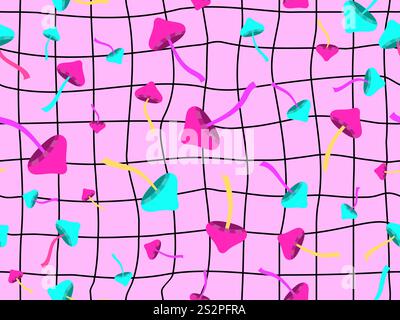 Seamless pattern with mushrooms on a wavy grid. Background with mushrooms and curved grid in retro psychedelic style. Design for banners, posters, wal Stock Vector