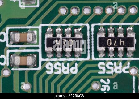 Close up of labeled electronic components on PCB Stock Photo