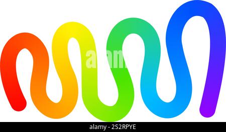 Rainbow colored curvy line isolated on white background. Cool colorful squiggle. Organic doodle figure with gradient effect. Vector illustration. Stock Vector