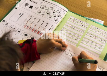A pupil does his homework. Schoolwork is done. Austria Stock Photo