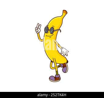 Cartoon funny groovy banana fruit character with smiling face, sunglasses and sneakers. Playful tropical fruit personage flashing peace sign, promotes healthy natural nutrition with nostalgic vibe Stock Vector