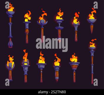 Cartoon medieval torches. Magic torch with fire flame and wooden handle ...