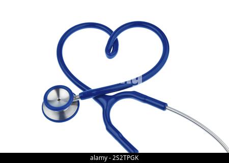 A heart-shaped stethoscope lies on a white background Austria Stock Photo