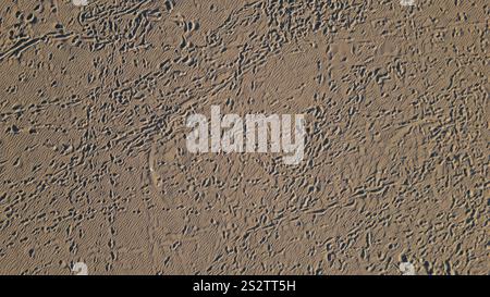 Top view of a footprints in wet sand on a beach during a sunset. Aerial view of a beach and footsteps on a vacation. Copy space. Stock Photo