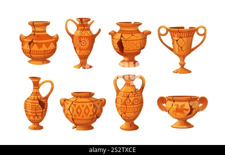Antique vases or ancient Greek jug pitchers and ceramic amphora pots, vector icons. Archeology museum ceramic vases or ancient pottery jugs and pitchers of clay with ornament and broken piece cracks Stock Vector