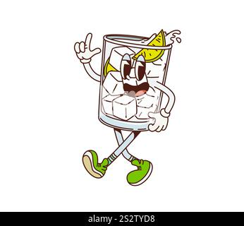 Cartoon retro groovy gin and tonic character. Isolated vector lively glass filled with ice cubes, lime slices, and splashing liquid, dancing with excitement. Funky alcohol drink personage exuding fun Stock Vector