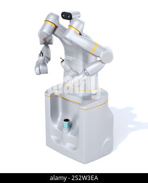 Image of a 7-axis articulated twin-armed robot with a white backpack. Cooperative robot concept Stock Photo