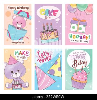 Happy birthday greeting card clipart poster set design. Birthday card clip art with teddy bear inside the box, cake, balloons, party hat and cupcake Stock Vector