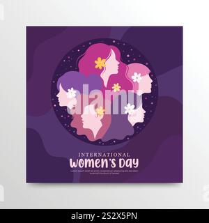International Women's Day Banner, Round Modern Flat Vector Illustration of Diverse colorful Female Silhouettes Stock Vector