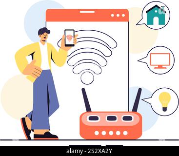 Internet of Things IoT Vector Illustration featuring Technology, Smart Connection and Control Devices in a Network for Industrial with Internet Access Stock Vector
