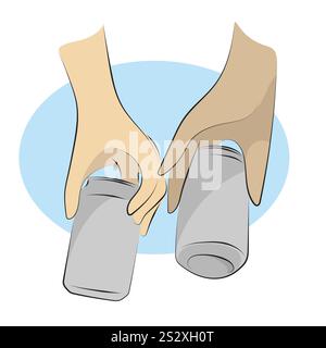 closeup two hands holding metal beverage drink can illustration vector hand drawn sketch isolated on white background. Stock Vector