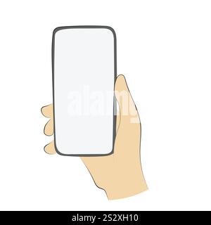 closeup hand holding a mobile phone with blank space on screen illustration vector hand drawn sketch isolated on white background Stock Vector