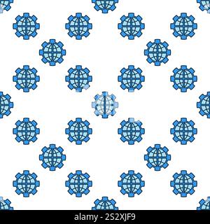 Earth Globe inside Cog Wheel vector Balance of Power concept blue seamless pattern Stock Vector