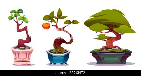 Bonsai garden set - curved trunk miniature trees in ornamental pots with vibrant orange fruit, green leaves, moss patches and pebbles. Decorative stands with dwarf plants for or oriental environment. Stock Vector