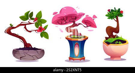 Small bonsai garden set with decorative elements - curved trunk trees in decor pots with pink caps, green foliage, crimson berries and flowers. Traditional Japanese interior design nature plant. Stock Vector