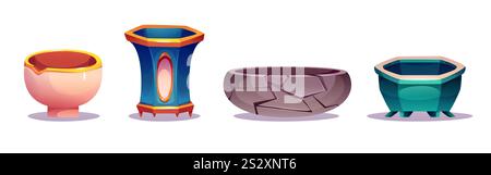 Antique flower pots set isolated on white. Vector cartoon illustration of ceramic, cracked stone, clay vases for gardening art, pottery for home interior design, elegant vessels for growing plants Stock Vector